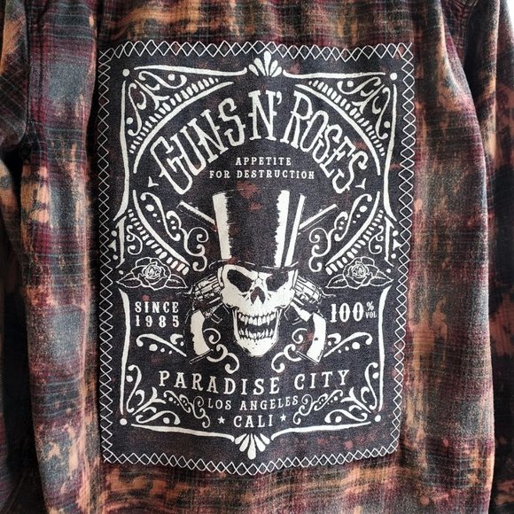 Upcycled Distressed Flannel Shirt With GUNS N' ROSES Tee On Back - L - Picture 3 of 5